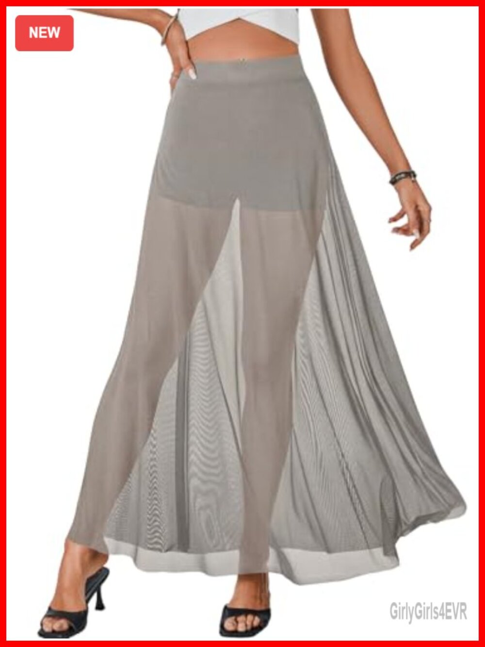 Women's Sheer Mesh Maxi Skirt 2-in-1 High Waisted A-Line Rave Festival